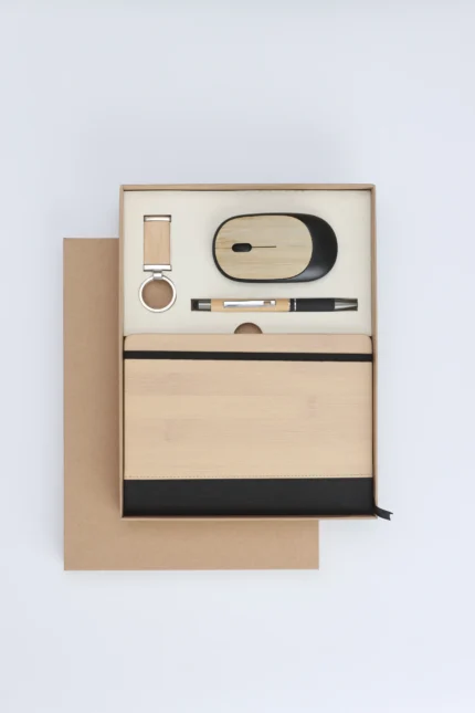 Bamboo Office Gift Set - 4-Piece Wireless Mouse, Pen, Keychain & Diary Collection
